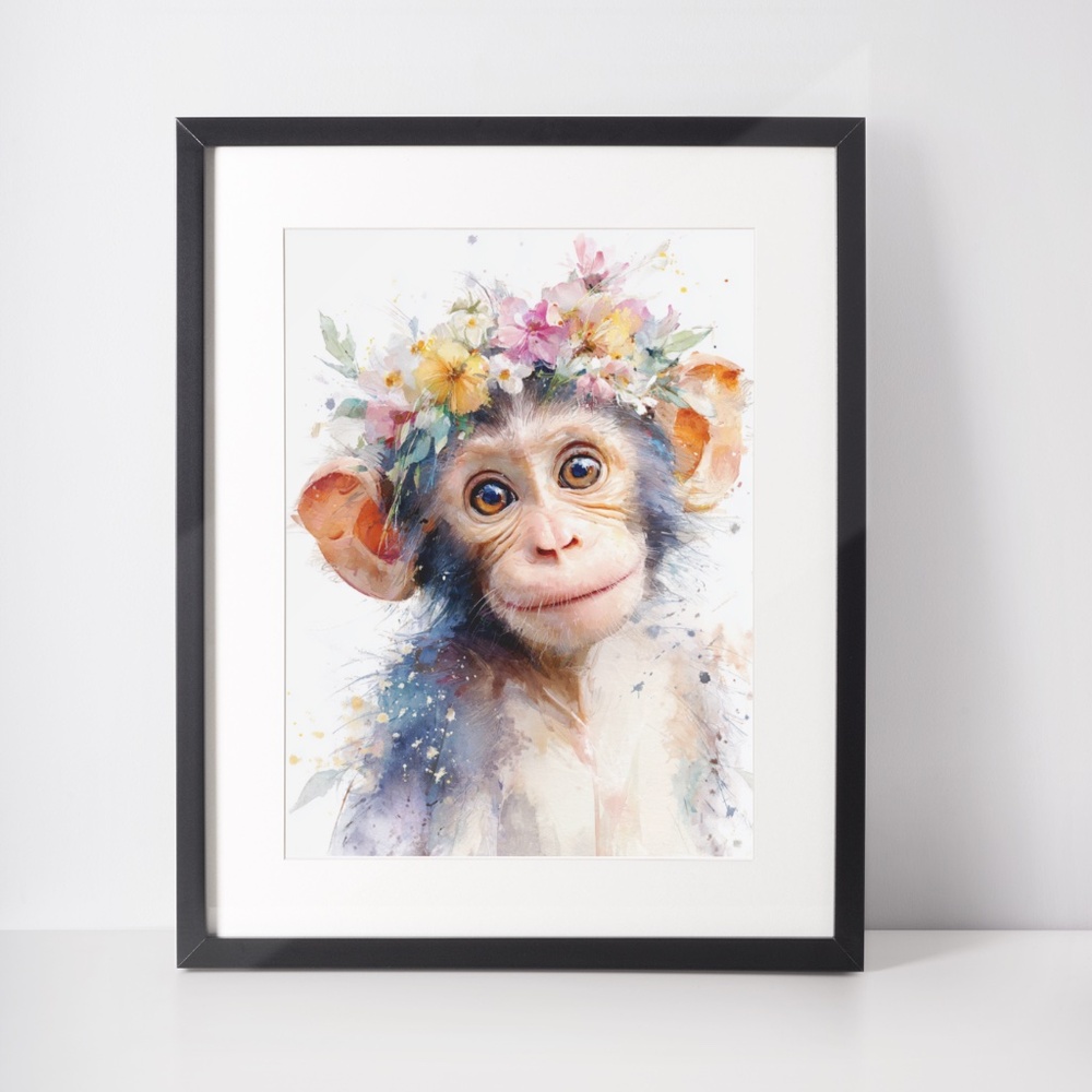 Watercolor Floral Monkey Portrait Wall Art Print Unframed - Playful Jungle Charm - Picture 2 of 6